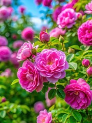 Close-up view of Rosa damascena shrub plant in Bulgaria's Valley of Roses surrounded by lush greenery and vibrant flowers