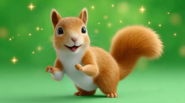 Cute Animated Squirrel with Joyful Expression Against a Vibrant Green Background with Sparkles