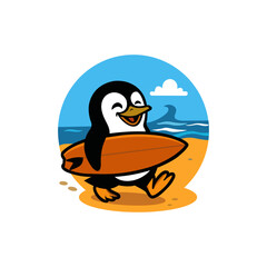 Guin the Surfer Penguin on the Beach