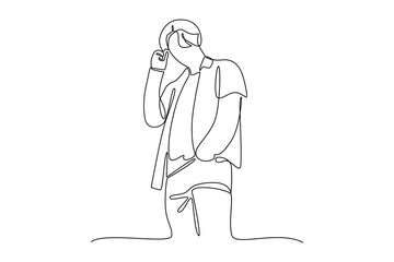 One single line drawing of young boy use contemporary cloth. outfit minimalist concept. Fashion for daily activity concept.
