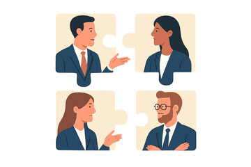 People in business suits talk, puzzles connect, teamwork metaphor, isolated vector illustration