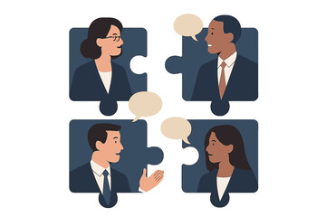Diverse business professionals communicating in puzzle pieces vector icon isolated