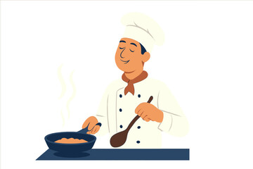 Chef cooks with smug satisfaction using frying pan and spoon, vector illustration