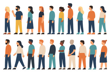 Diverse group of people standing and walking in rows, flat vector illustration