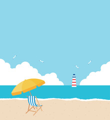 Beach scene with parasols and chairs on the sandy beach. A lighthouse stands against the blue sea, and seagulls fly in the cloudy sky. Perfect for summer vacations, coastal recreation, and travel.