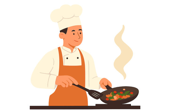 Chef cooks food in a frying pan, isolated vector illustration icon