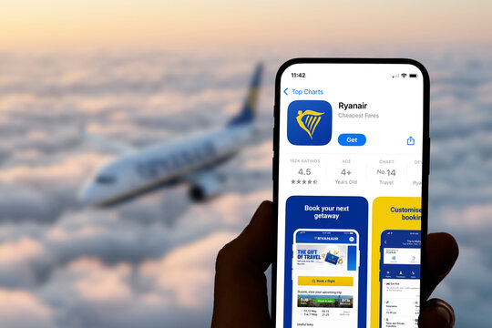 Guilherand-Granges, France - June 10, 2025. Ryanair app: Low fares in Europe at your fingertips. Check-in on the move, mobile boarding pass, and in-flight extras with one click.