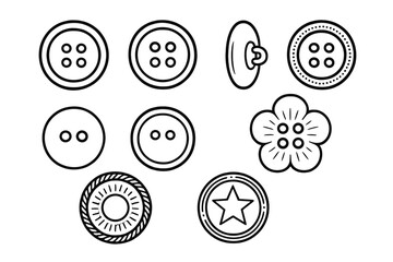 Collection of flat black and white button vector icons, craft and sew supplies, isolated on white background