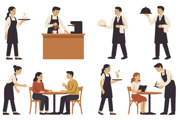 Various restaurant server activities include serving food and drinks, and taking orders in a dining establishment