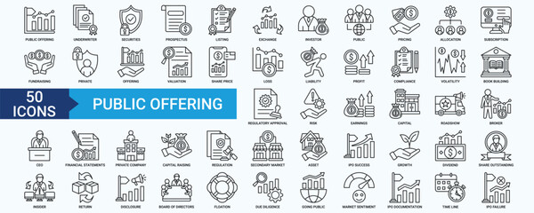 Public Offering icon set with listing, exchange, investor, public, pricing, allocation, subscription, fundraising, private, valuation