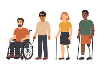 Diverse group of people with disabilities cartoon vector illustration icon isolated on white background
