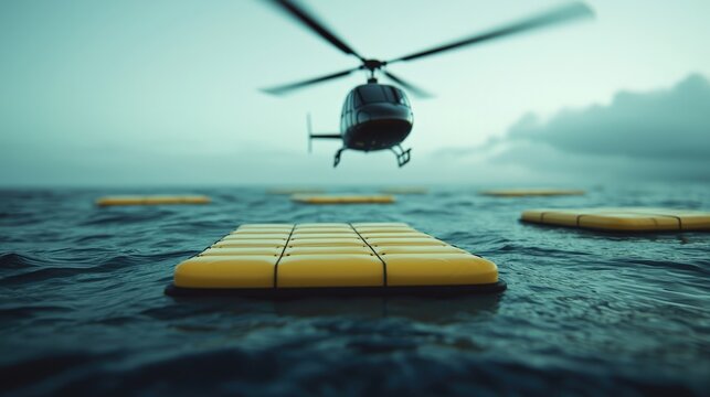A helicopter is flying over a body of water