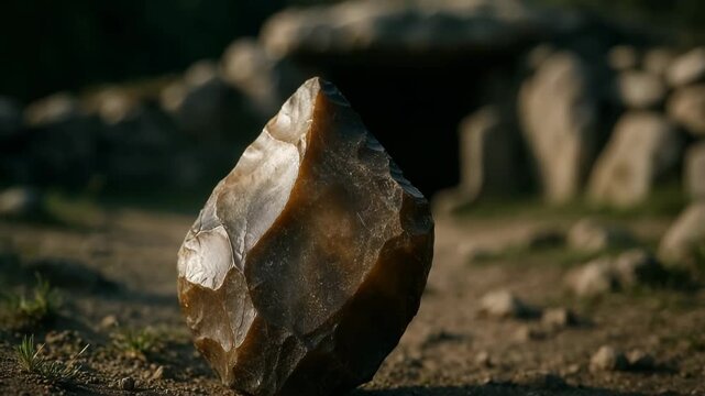 Knapped stone biface tool with megalithic stone formation in background. Prehistoric cutting implement showcasing advanced flint knapping technology and ancient stone working skills.