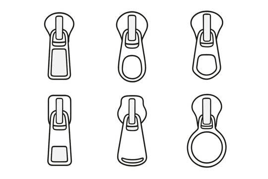 Six different zipper puller designs isolated on a plain white background in a vector cartoon
