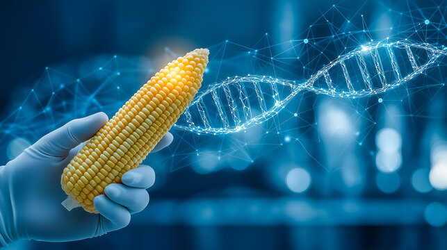 Genetically modified crop and GMO food or engineered agriculture concept using biotechnology and genetic manipulation through biology science as corn shaped in a DNA strand symbol.