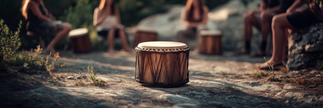 Wooden drum sits in the center of a circle of people outdoors.