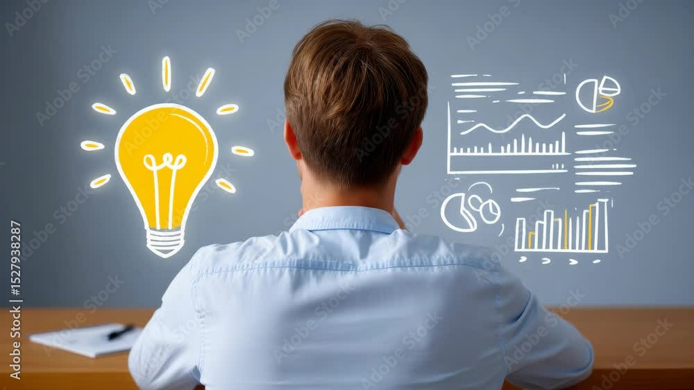 Aufkleber person reflecting on creativity and analysis in professional workspace with light bulb and data grap
