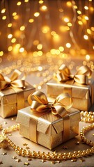 Elegant golden gift boxes adorned with festive ribbons and bows against a warm background of twinkling string lights display