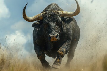 Magnificent Tambadau: Majestic Borneo Wild Cattle Emerging from Dust.