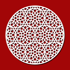 Round panel with carved ornament. Geometric, floral, circular patterns of thin lines. Template for plotter laser cutting of paper, fretwork, wood carving, metal engraving, cnc. Vector illustration.