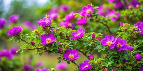 Fototapeta premium Dense thorny briar bushes blooming with vibrant purple flowers in full bloom