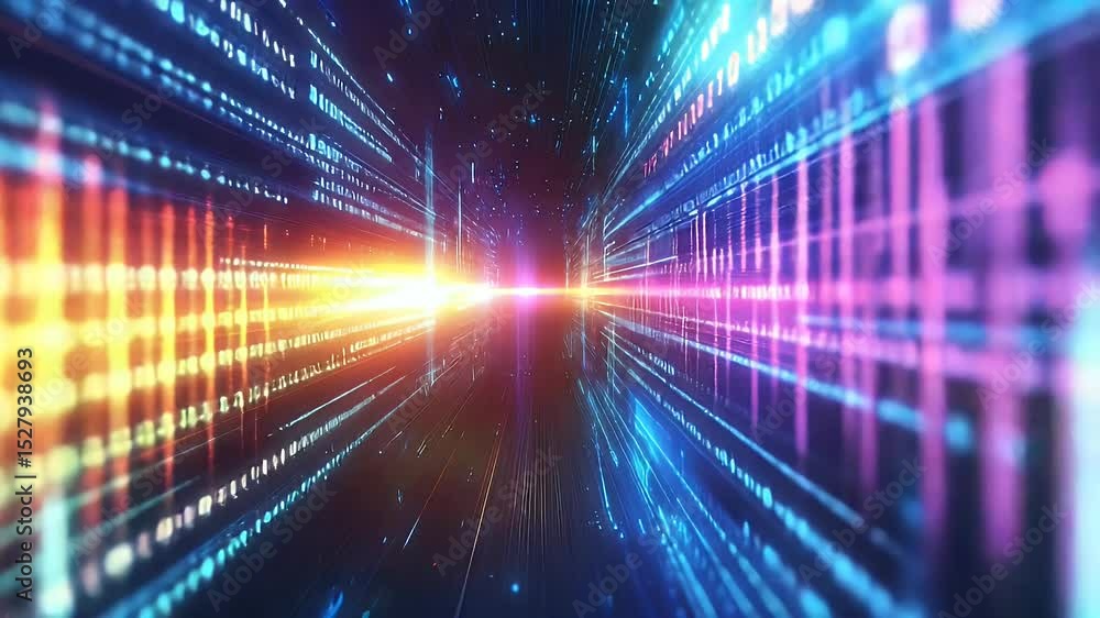 Poster abstract digital landscape with streaming light beams and glowing data structures