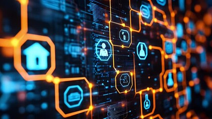 Abstract digital network. Connected glowing symbols form a tech interface with complex structure - Powered by Adobe