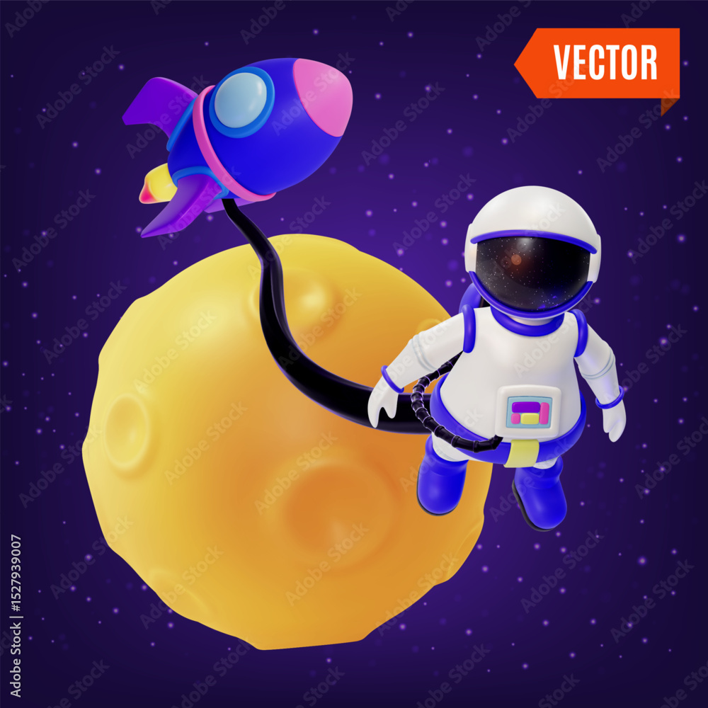Poster 3d space exploration concept astronaut floating in outer space and moon cartoon design style. vector