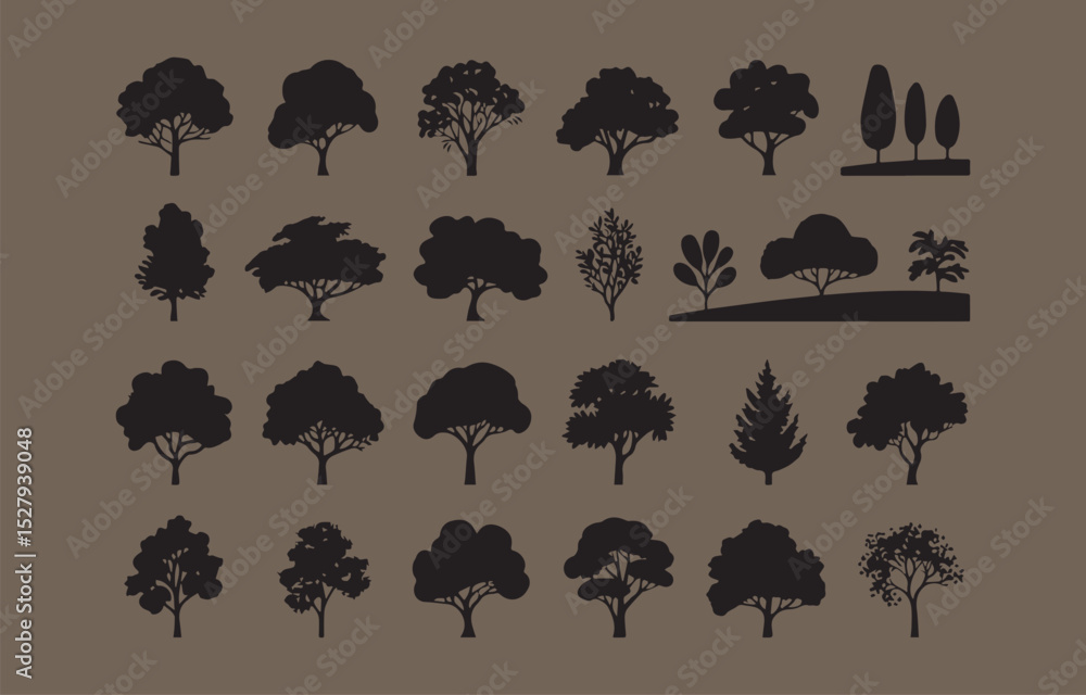 Aufkleber collection of tree silhouettes with various shapes and sizes on a brown background for nature and de