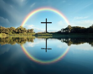 A rainbow is reflected in the water and a cross is in the middle