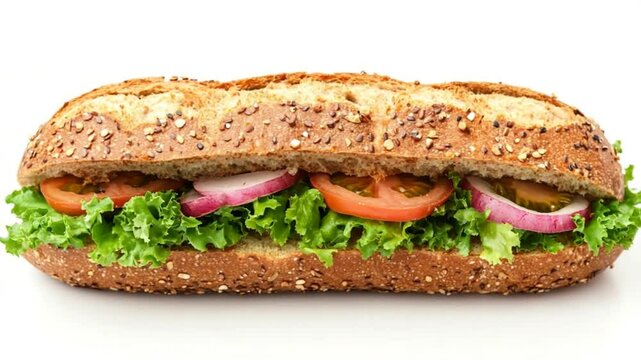 Delicious footlong sub sandwich with fresh vegetables and grainy bread on white background
