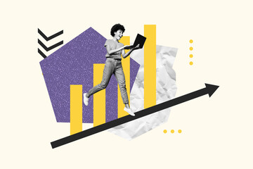 Exclusive art 3d creative image collage of happy american girl run arrow direction success career growth surf laptop promotion