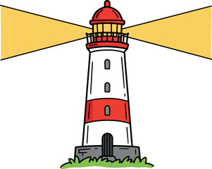 Iconic Red and White Striped Lighthouse with Illuminating Light Beams