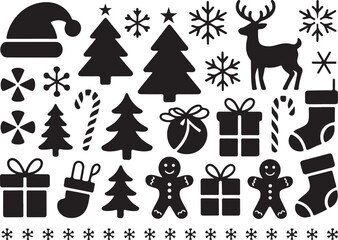 A festive vector illustration featuring a collection of black Christmas themed silhouettes, neatly arranged on a white background