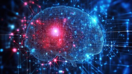 Obraz premium 3d illustration of human brain over blue background with circuit and connections. AI revolution.