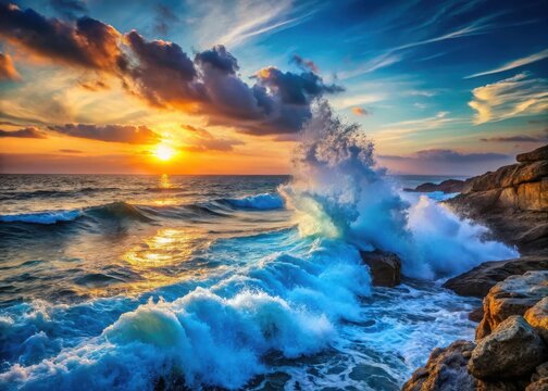 Deep ocean waves crashing against a blue rocky shoreline at sunset