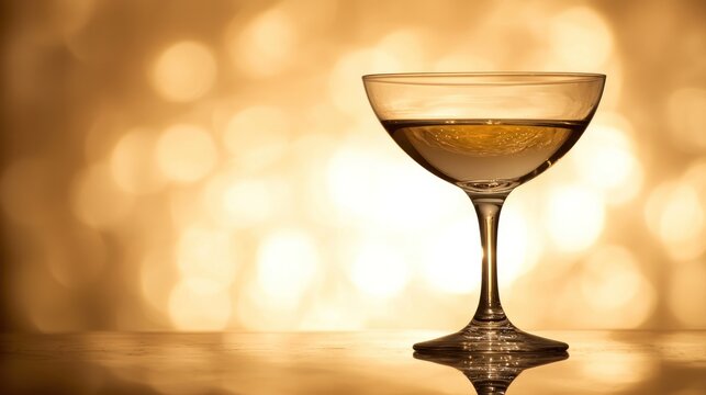 A champagne glass filled with a golden liquid on a reflective surface with a blurred, golden background. - Powered by Adobe