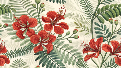 Vector illustration of seamless pattern Red Royal Poinciana.