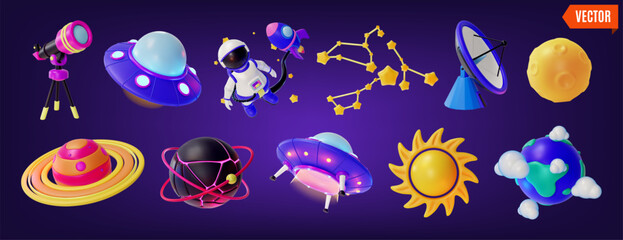 Naklejka premium 3d Space Exploration Concept Different Color Elements Set Cartoon Design Style. Vector illustration of Planet, Moon and Telescope