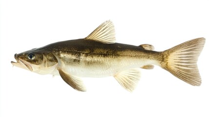 Fototapeta premium A fish with a brown and white body, fins, and tail, swimming against a white background.
