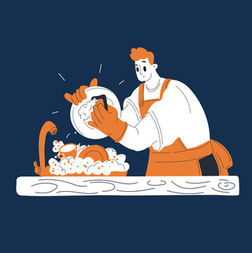 Cartoon vector illustration of a man washing dishes at work, highlighting multitasking and workplace responsibilities over dark background