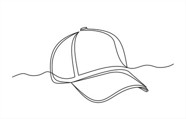 Single continuous line drawing hiking adventure cap hat, trip, travel, camping. Travel accessory, hiking clothes. Doodle element for design, print, card. Hand drawn one line vector. Editable stroke