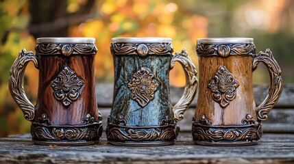 Three ornate ceramic mugs with wooden handles and intricate designs, placed on a wooden table with a blurred autumn background.