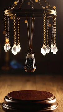 Elegant pendulum with crystal accents suspended above wood base for spiritual and mystical atmosphere, creating a sense of magic and divination