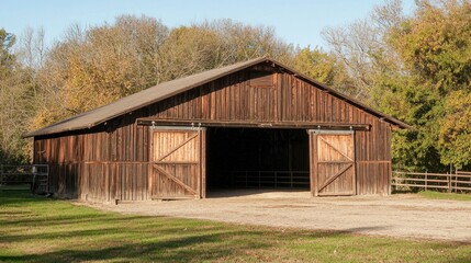 Obraz premium A rustic wooden barn with large double doors, surrounded by a lush green field and trees in the background.