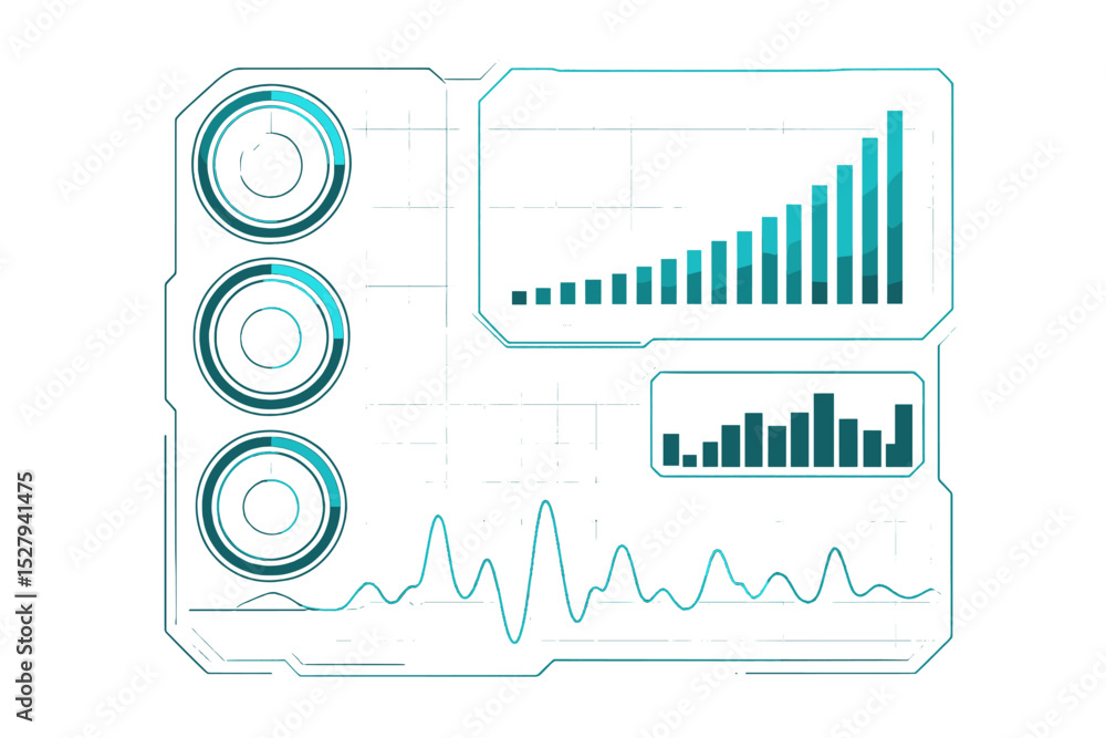 Aufkleber futuristic hud display with graphs, circular gauges and line chart vector cartoon illustration