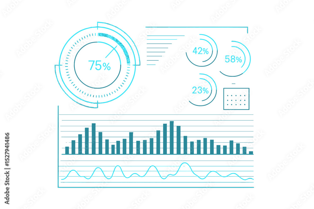 Poster business data visualization icon depicting a bar graph, line graph, pie charts and a calendar, isola