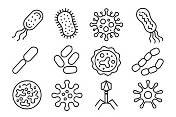 Different types of bacteria, viruses, and microbes represented as isolated line art vector icons