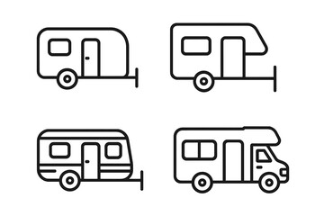 Assortment of caravan and recreational vehicle icons in simple black and white vector format