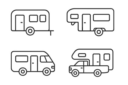 Different types of recreational vehicles line art icon vector illustration showing various travel trailers and campers